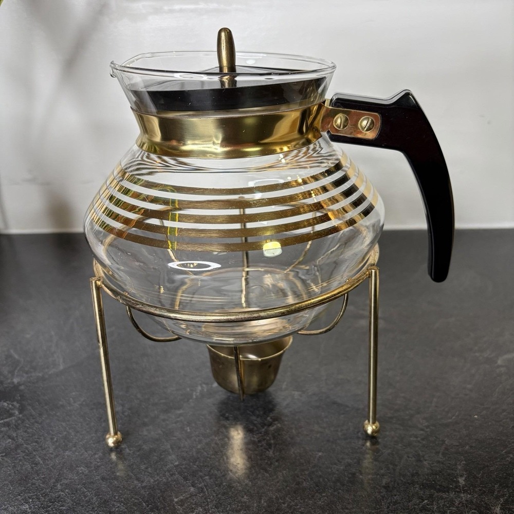 60s Corning Pyrex MCM Gold Stripe Coffee Carafe 6 Cup Warmer Stand EUC